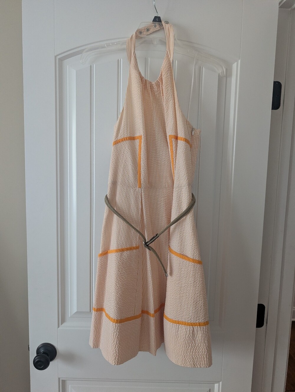 Size 2 Jessica Simpson Belted Seersucker Orange Stripe Halter Dress